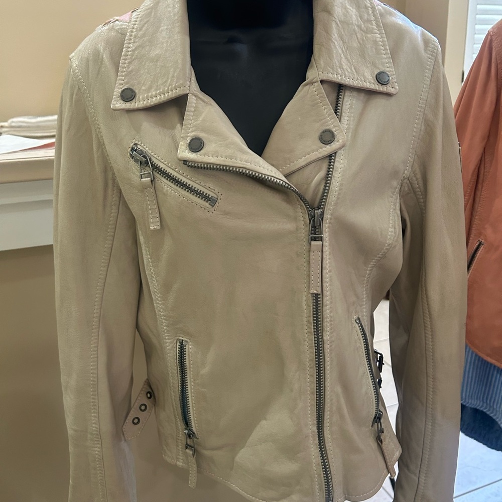 Used - Stylish Beige Leather Moto Jacket